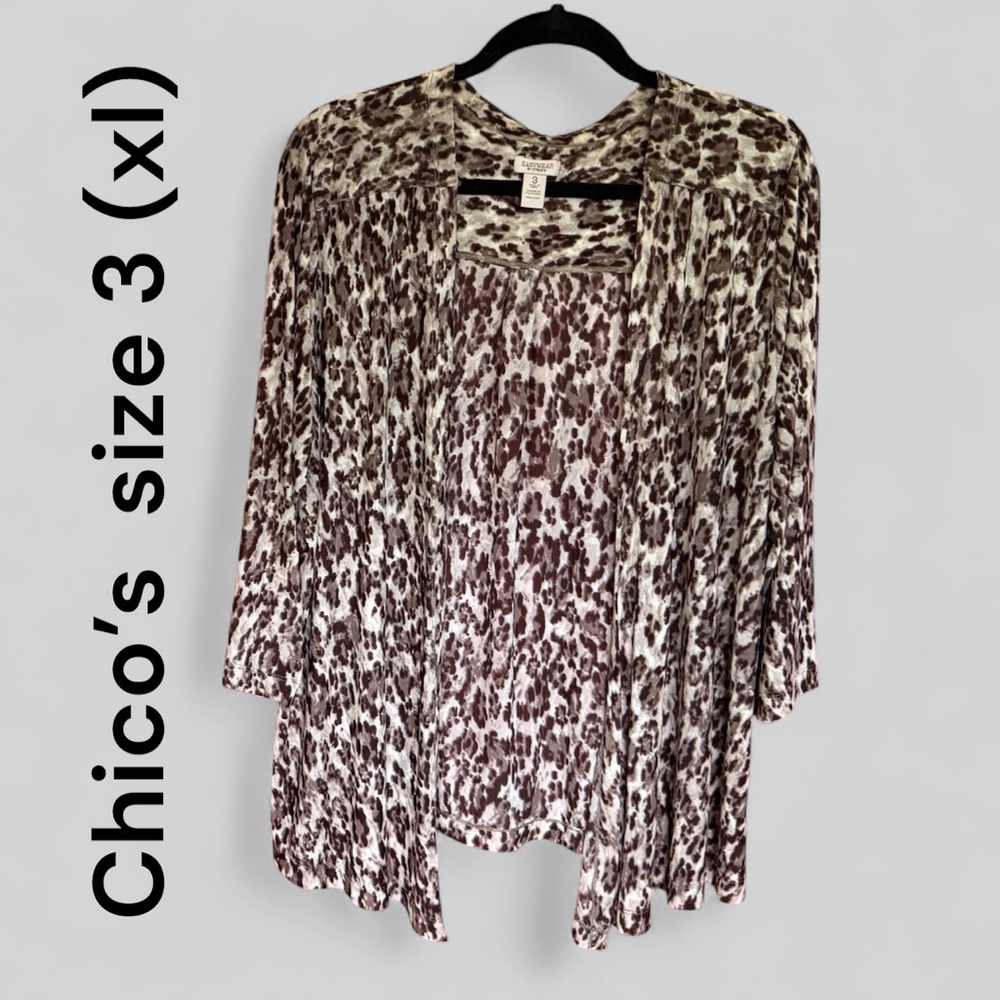 CHICO’S LS Mesh Animal Print Open Front Cardigan Top, Chico’s 3 XL